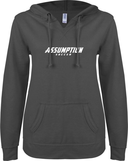 Assumption ENZA Womens V Notch Raw Edge Fleece Hoodie Assumption University Soccer - ONLINE ONLY
