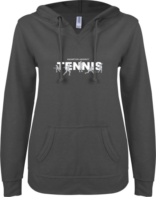 Assumption ENZA Womens V Notch Raw Edge Fleece Hoodie Assumption University Tennis Graphic - ONLINE ONLY