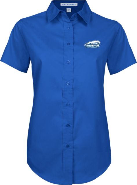 Assumption Womens Twill Button Up Short Sleeve  Assumption University Greyhound Logo - ONLINE ONLY