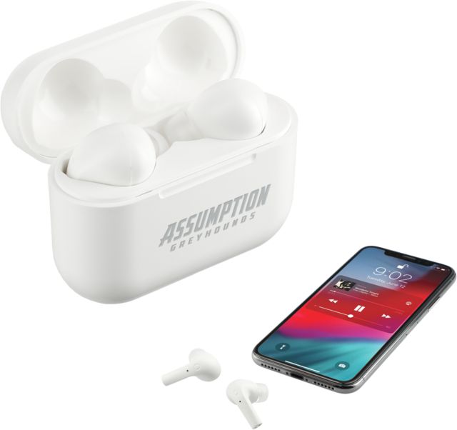 Assumption Braavos Pro True Wireless Auto Pair Earbuds Assumption University Greyhound Wordmark Engraved - ONLINE ONLY