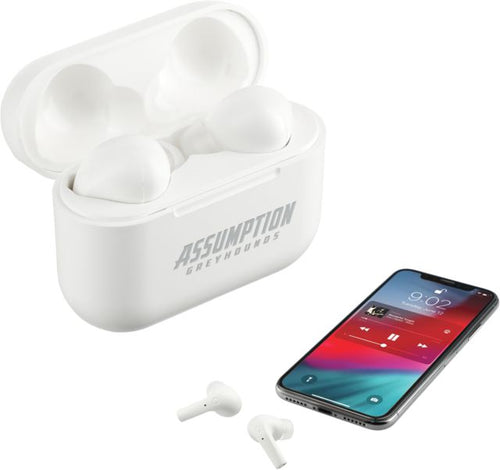 Assumption Braavos Pro True Wireless Auto Pair Earbuds Assumption University Greyhound Wordmark Engraved - ONLINE ONLY